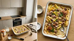 Jak zapiec mięso z ziemniakami na jednej blasze: kremowy sos i trik, który robi różnicę